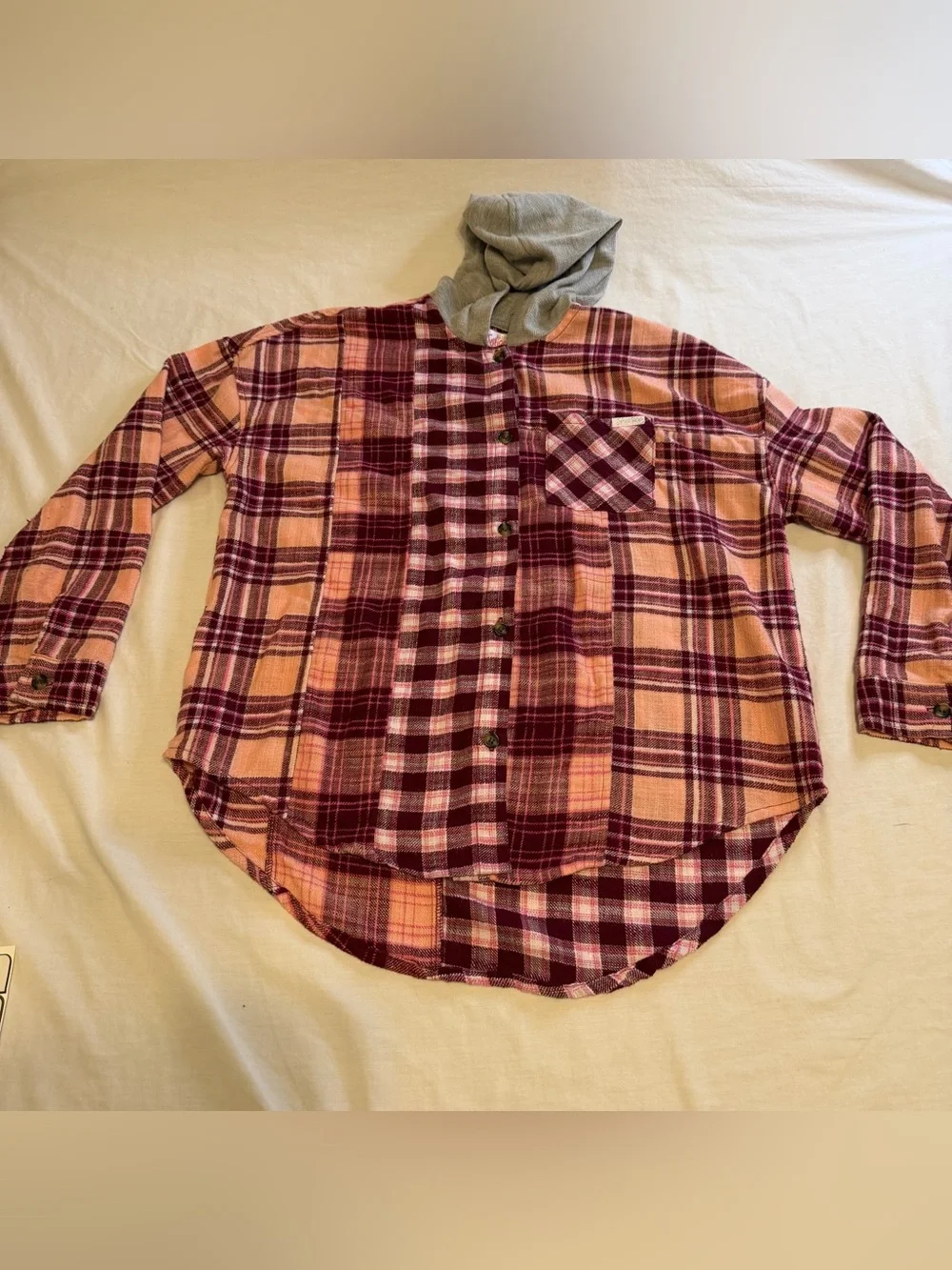 Justice Girls Plaid Button-Down Shirt with Hood - Burgundy & Pink Size XL 16/18